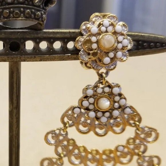 RARE VINTAGE JOSE & MARIA BARRERA WHITE STONE GOLD DROP CHANDELIER EARRINGS - Picture 10 of 10